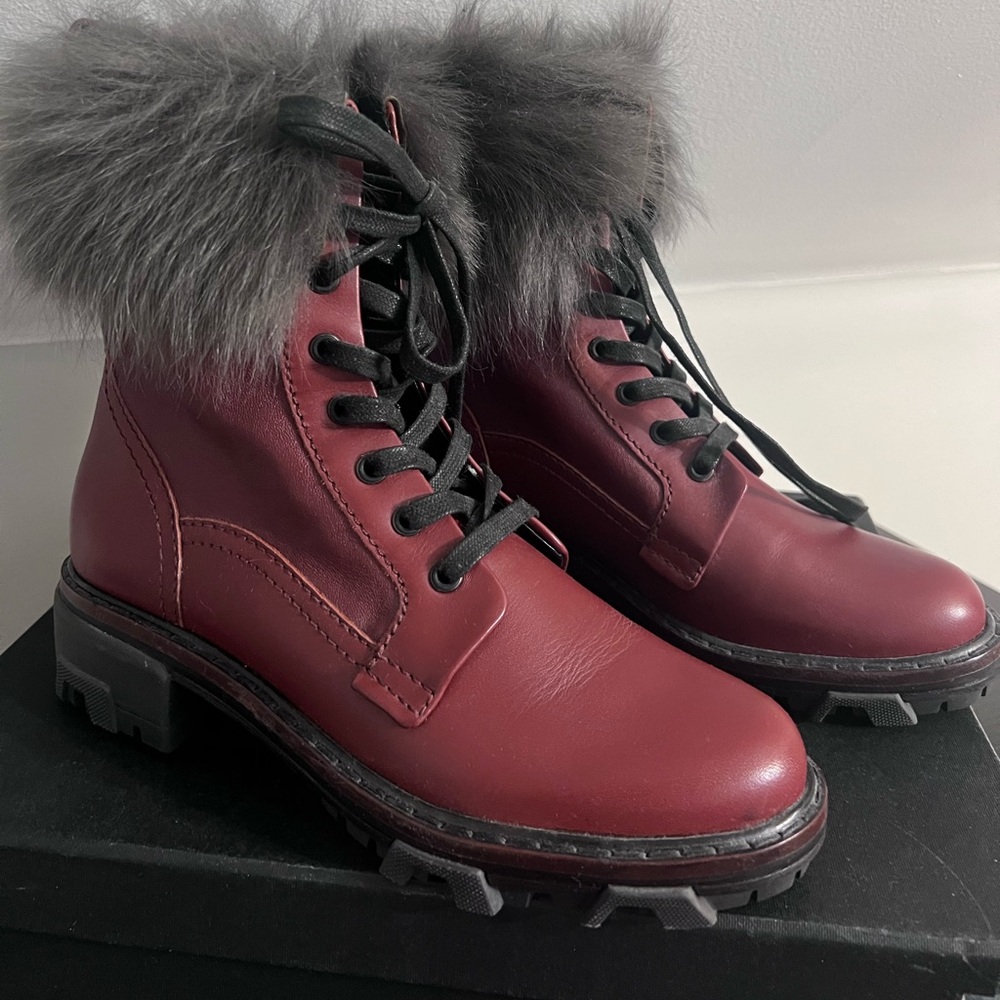 RAG & Bone Womens Shiloh Lace-Up Lamb Fur-Lined Leather Combat Boot in Russett